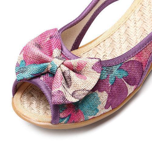 Flower Print Bowknot Flax Peep Toe National Wind Slip On Flat Shoes