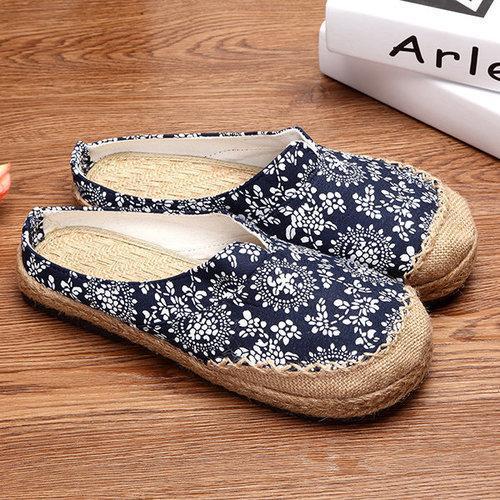 Dargon Flower Print Flax Open Heel Color Match National Wind Slip On Flat Shoes