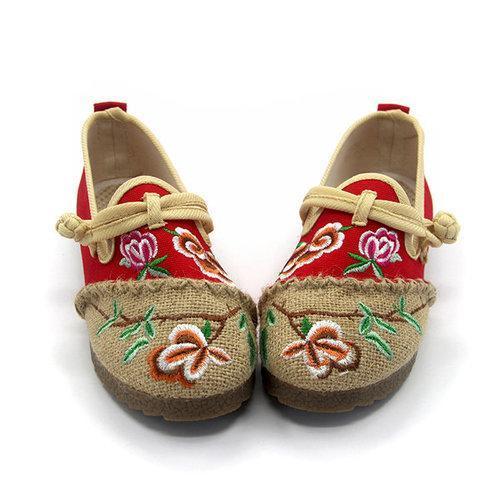 Embroidery Chineseknot Flower Color Match Slip On National Wind Flat Shoes