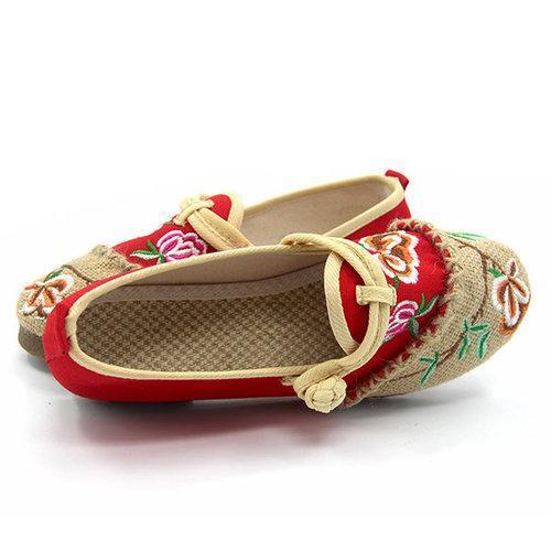 Embroidery Chineseknot Flower Color Match Slip On National Wind Flat Shoes