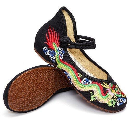 Vintage National Wind Chinese Embroidered Dragon Mary Janes Flat Shoes