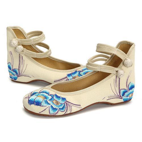 Heel Increasing Flower Flat Slip On Embroidery National Wind Shoes