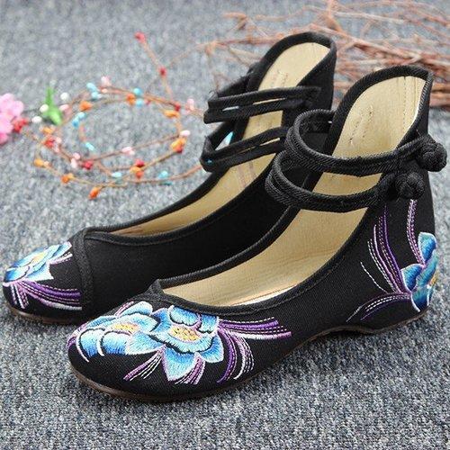 Heel Increasing Flower Flat Slip On Embroidery National Wind Shoes