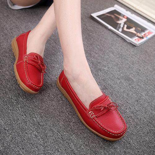 Bowknot Slip On Leather Soft Flat Casual Lazy Loafers