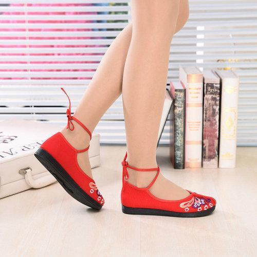 Butterfly Lace Up Strappy Bandage Flat Vintage Embroidery Flat Shoes