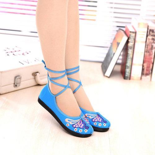 Butterfly Lace Up Strappy Bandage Flat Vintage Embroidery Flat Shoes