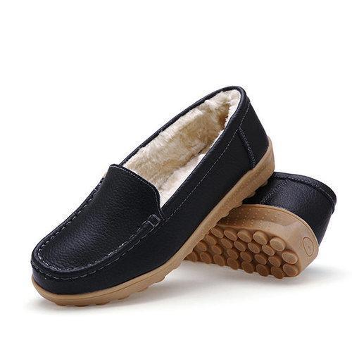 Cotton Warm Leather Slip On Pure Color Soft Spring Flat Loafers