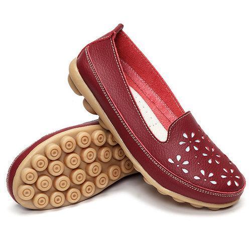 Big Size Soft Brethable Leather Floral Hollow Out Slip On Flat Loafers