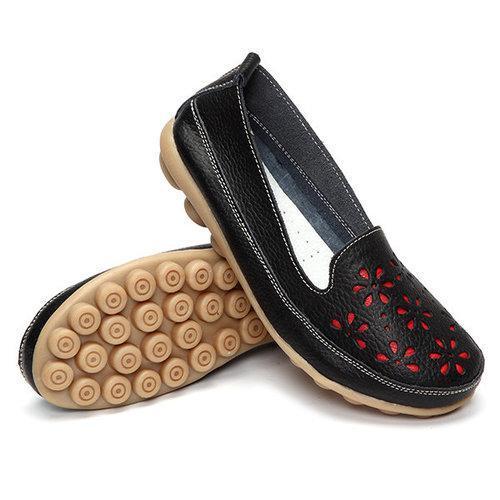 Big Size Soft Brethable Leather Floral Hollow Out Slip On Flat Loafers