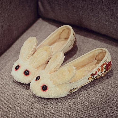 Bunny Red Eyes Ears Fur Lining Floral Print Cute Flat Loafers