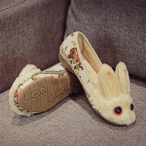 Bunny Red Eyes Ears Fur Lining Floral Print Cute Flat Loafers