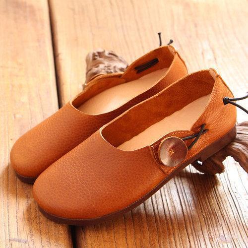 Socofy Button Genuine Leather Soft Sole Slip On Comfortable Flat Shoes