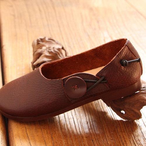 Socofy Button Genuine Leather Soft Sole Slip On Comfortable Flat Shoes