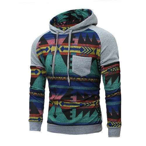 Mens Hoodies Retro Pattern Printing Stitching Front Pocket Casual Sport Hooded Tops