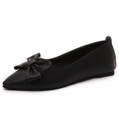 Black Pointed Toe Bowknot Flat Casual Shoes For Lady