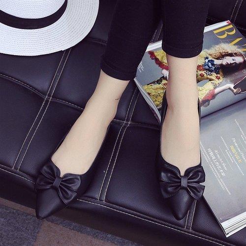 Black Pointed Toe Bowknot Flat Casual Shoes For Lady