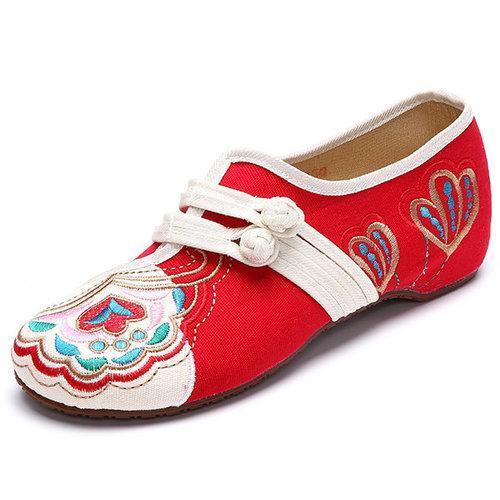 Vintage Chinese Embroidered Flower Mary Janes Buckle Casual Flat Loafers