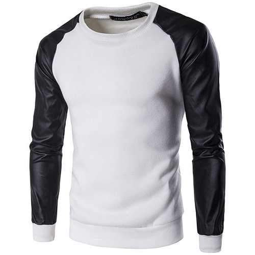 Mens Long Sleeves Sweatshirt Fashion Splicing Color PU Leather SLeeve Casual Pullover