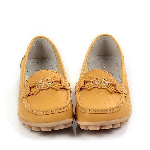 Beaded Pattern Buckle Leather Soft Flat Loafers For Women