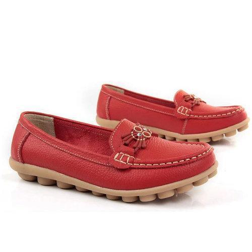 Beaded Pattern Buckle Leather Soft Flat Loafers For Women