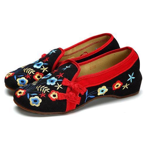 Floral Embroidered Chinese Knot Slip On Canvas Flat Loafers