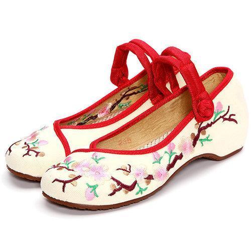 Embroidered Floral Print Canvas Slip On Retro Lazy Shoes