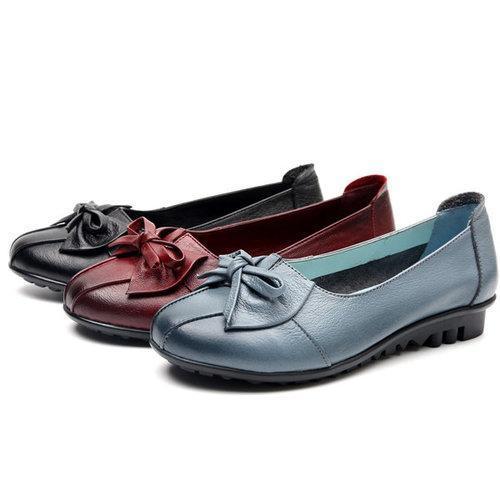 SOCOFY Leather Bowkont Soft Casual Slip On Flat Loafers