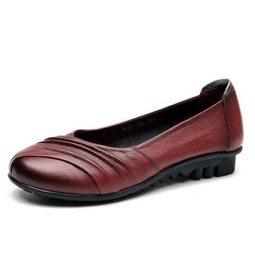 Socofy Pure Color Leather Handmade Retro Comfortable Flat Shoes