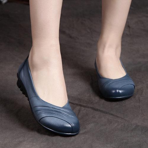 Socofy Pure Color Leather Handmade Retro Comfortable Flat Shoes