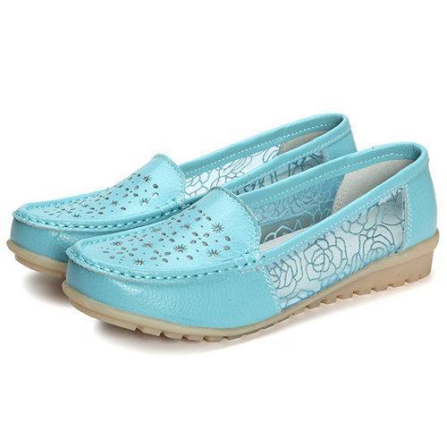 Breathable Hollow Out Lace Slip On Leather Casual Flat Shoes