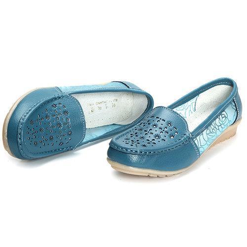 Breathable Hollow Out Lace Slip On Leather Casual Flat Shoes