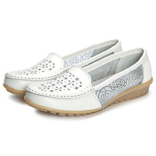 Breathable Hollow Out Lace Slip On Leather Casual Flat Shoes