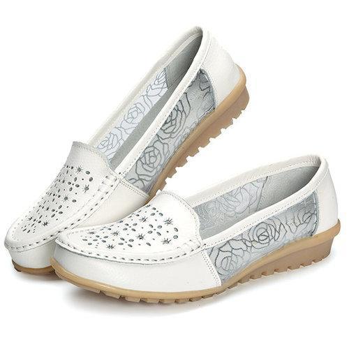 Breathable Hollow Out Lace Slip On Leather Casual Flat Shoes