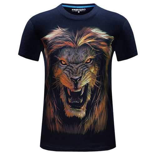 Mens Large Size Summer T-shirts Cool 3D Lion Printing Short Sleeve Cotton Top Tees