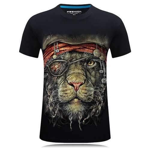 Mens Large Size Summer T-shirts Cool 3D Lion King Printing Short Sleeve Cotton Top Tees