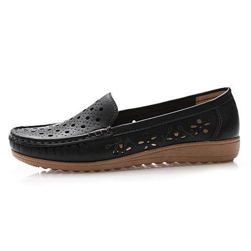 Hollow Out Breathable Leather Flat Slip On Driving Shoes