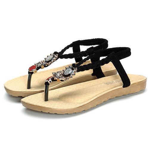 Bead Butterfly Sun Clip Toe Flat Slip On Elastic Sandals