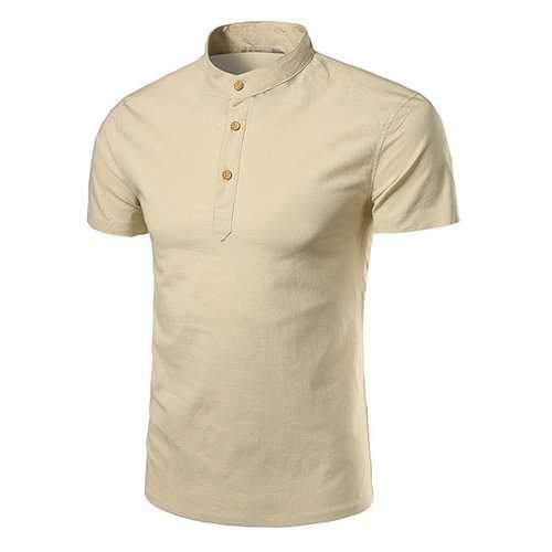 Mens Summer Linen Solid Color Short Sleeve T-shirt Chinese Collar Buttons Top Tee