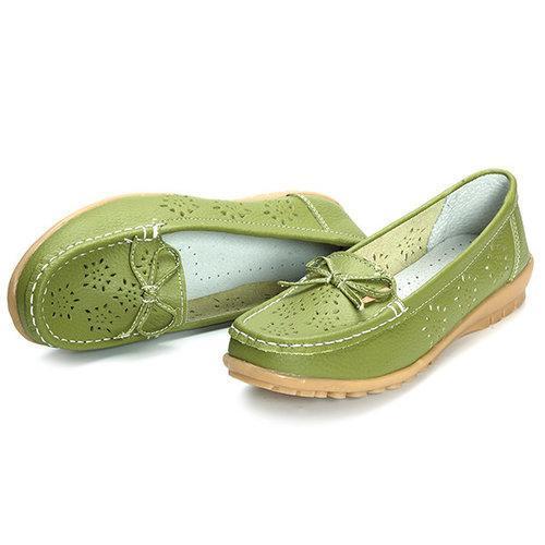 Hollow Out Breathable Bowknot Leather Slip On Soft Loafers