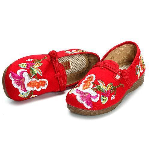 Embroidery Flower Retro Slip On Chinese Knot Flat Loafers For Women