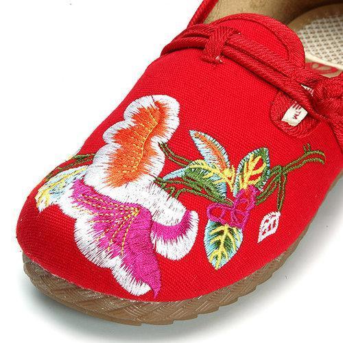 Embroidery Flower Retro Slip On Chinese Knot Flat Loafers For Women