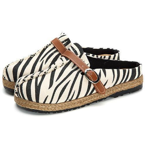 Zebra Pattern Comfortable Buckle Slippers Open Heel Flat Shoes