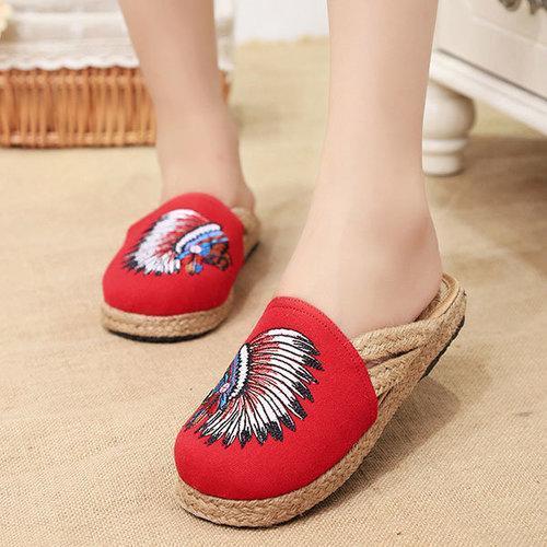 Embroidered Open Heel flax National Wind Slip On Slippers