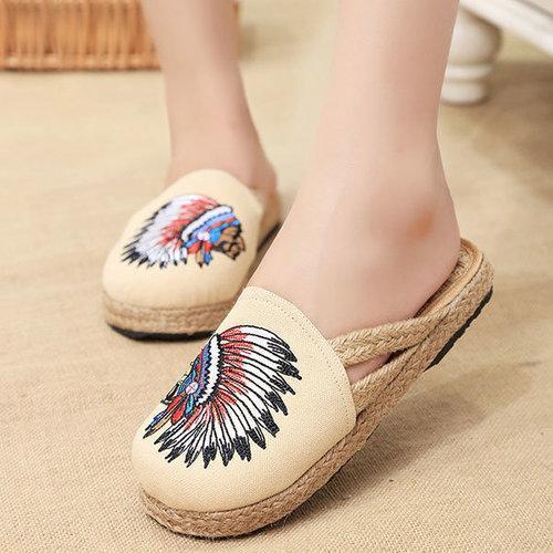 Embroidered Open Heel flax National Wind Slip On Slippers