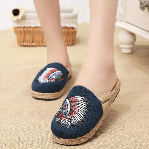 Embroidered Open Heel flax National Wind Slip On Slippers