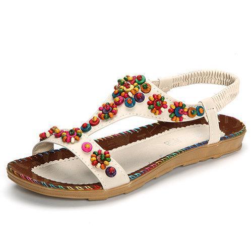 Bohemia Beads Flower Slip On Elastic Bands Flat Sandals