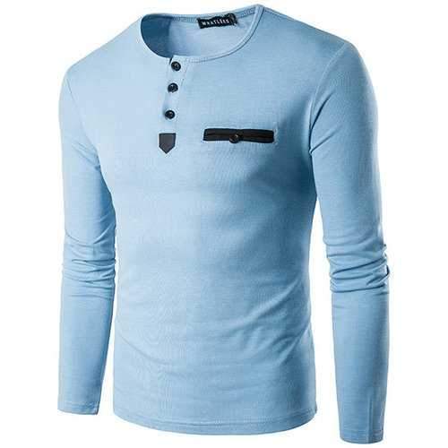 Mens Fashion Casual Contrast Color O-neck Buttons Long sleeve Comfortable Cotton T-shirts