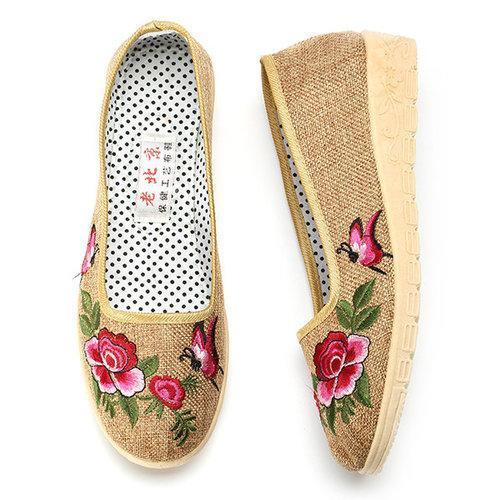 Flower Butterfly Knot Flax Slip On Vintage Flat Shoes