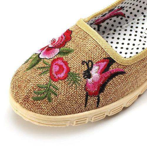 Flower Butterfly Knot Flax Slip On Vintage Flat Shoes