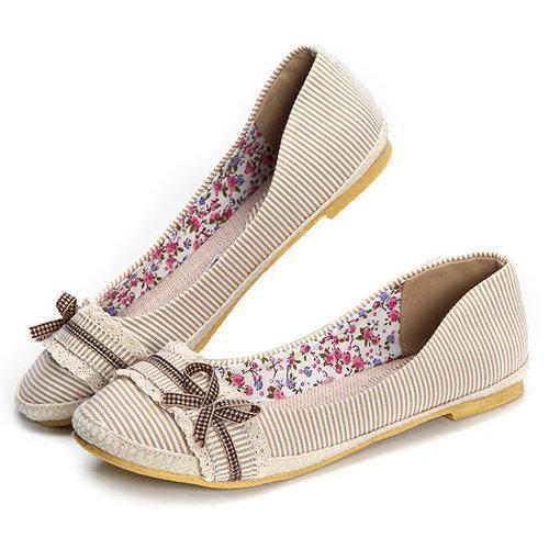 Stripe Bowknot Sweet Lace Flat Casual Shoes For Women